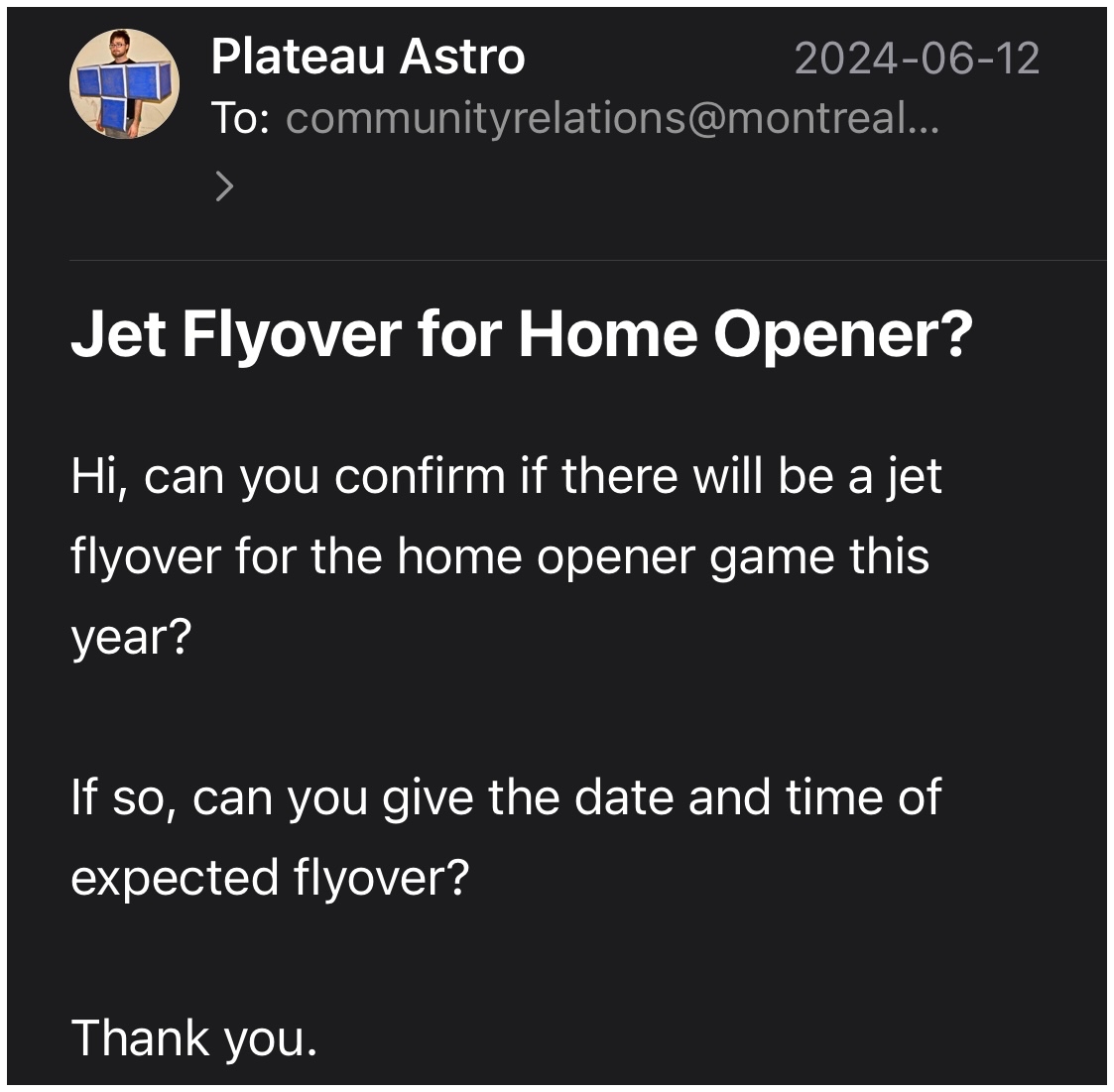 Email to Montréal Alouettes