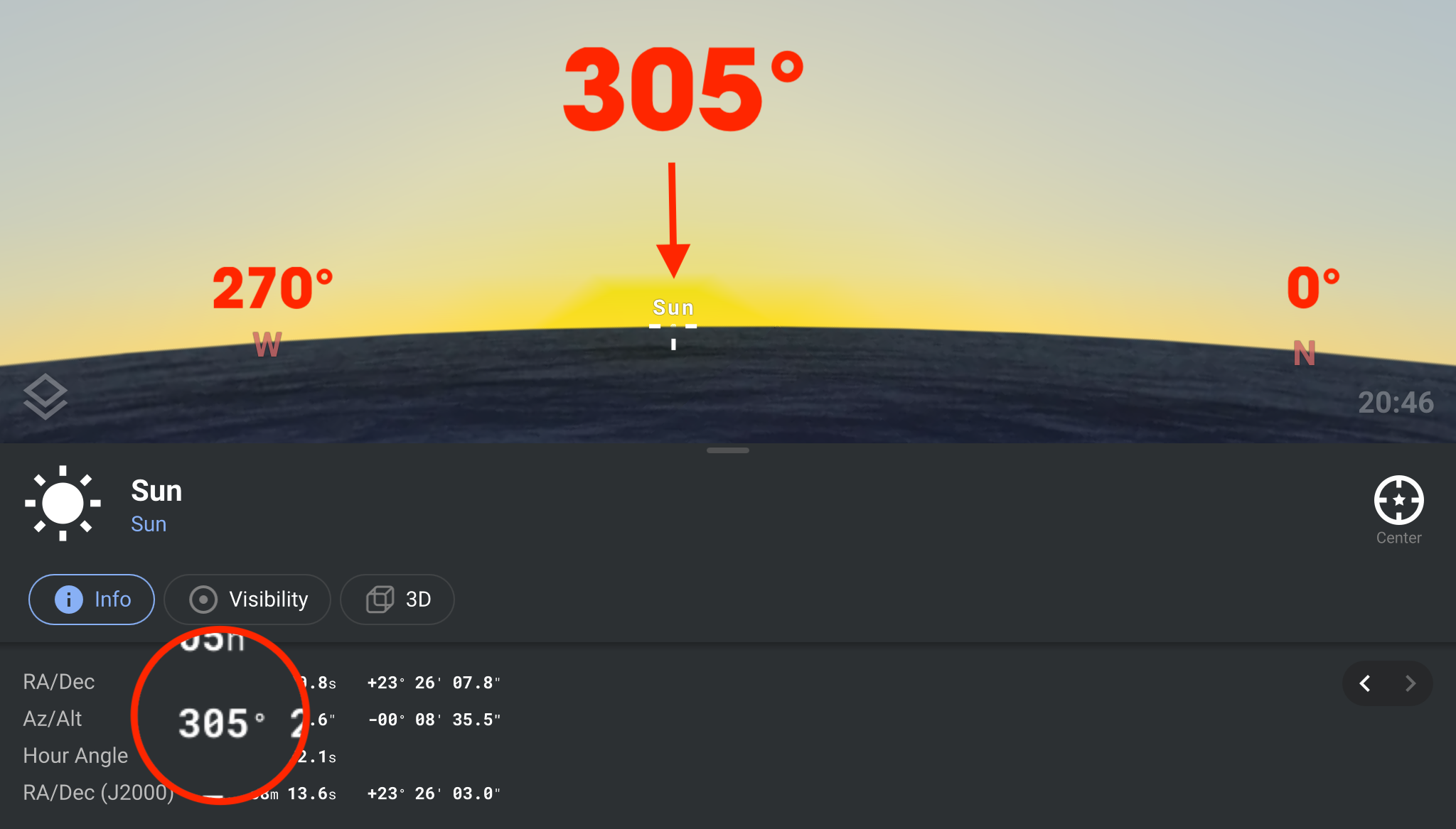 Stellarium screenshot showing the Sun setting on the horizon at azimuth 305° on the Summer Solstice in Montréal