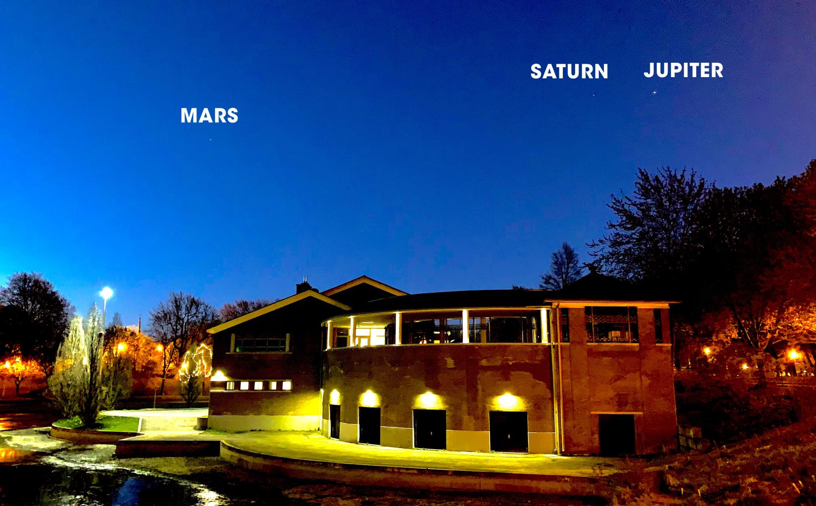Jupiter, Saturn, and Mars visible in the early morning sky above Parc La Fontaine.